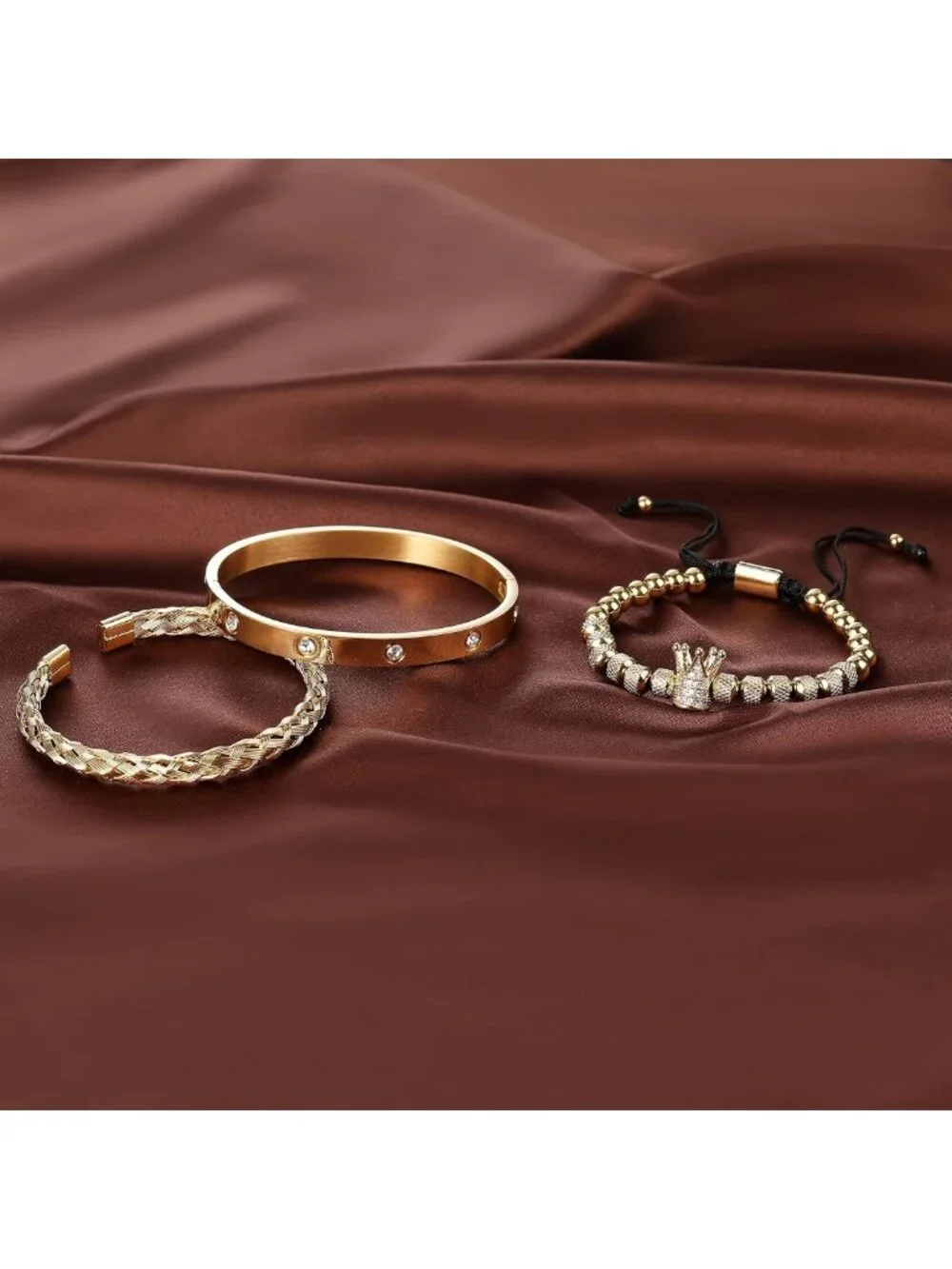 3PCS Adjustable Gold Stainless Steel Crown Bracelets for Men - Luxury Roman